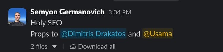 Client Slack message about SEO results